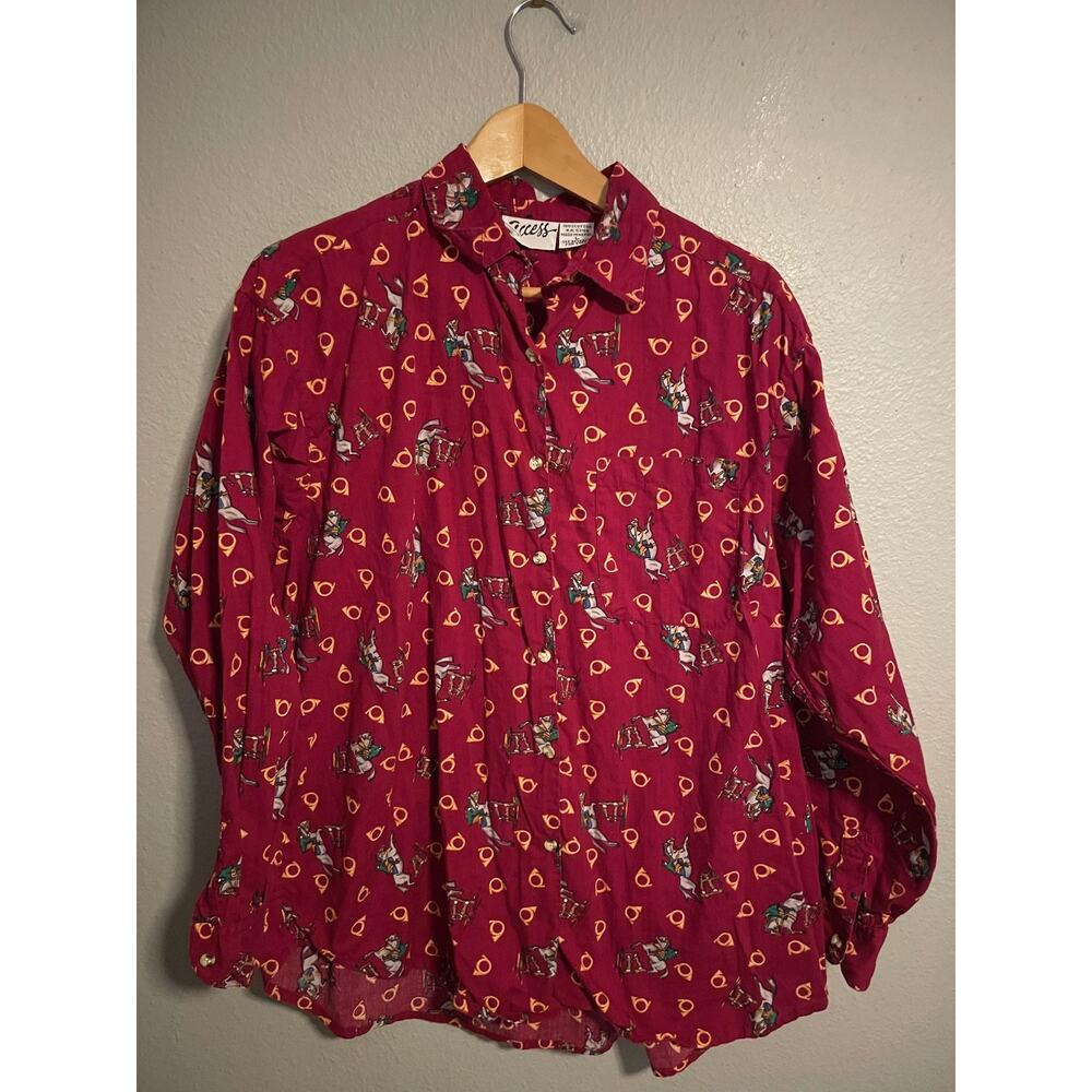 Vintage Access Equestrian Shirt Mens Large Red Horse Rider Print Novelty 90s